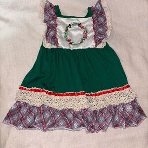 Festive Green and Plaid Dress with Lace Trim